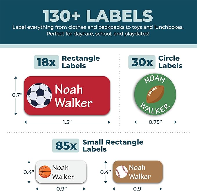 Personalized Daycare Name Labels for Kids (130 Labels) - Custom Waterproof Name Stickers for Clothing Tags, Water Bottles, Lunch Boxes and School Supplies (Sports)