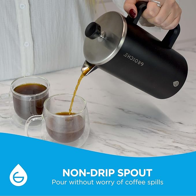GROSCHE Dub'lin Stainless Steel Coffee Maker French Press 8 Cup | 34 FL Oz Coffee Press, 18/8 Double Walled Stainless Steel French Press Coffee Maker - Hot/Cold Brew | Stainless French Press - BLACK