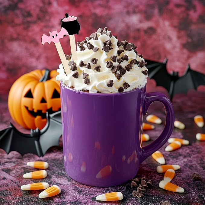 JarThenaAMCS 120Pcs Halloween Coffee Stirrers Disposable Pink Black Ghost Bat Cat Pumpkin Stir Sticks Wooden Drink Stirrer for Hot Chocolate Milkshake Restaurant Home Office