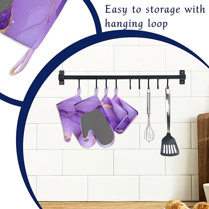 Marble Oven Mitts and Pot Holders Sets of 4 Purple Gold Marble Heat Resistant Silicone Oven Mits Gloves Non-Slip Kitchen Mittens Potholders for Cooking Baking Grilling BBQ