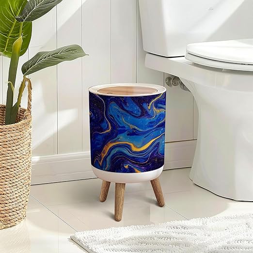 Trash Can with Lid Hand painted mixed liquid blue golden paints Abstract fluid acrylic Press Top Round Small Garbage Bin with Wooden Legs Waste Basket for Kitchen Bedroom Nursery 7L/1.8 Gallon