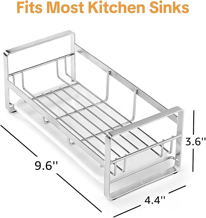 HULISEN Large Sponge Holder, 304 Stainless Steel Kitchen Soap Dispenser Caddy Organizer, Countertop Soap Dish Rack Drainer with Removable Drain Tray, not Including Dispenser and Brush, Silver