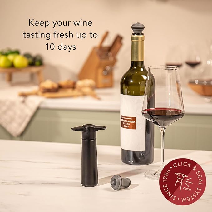 Vacu Vin Original Wine Saver with 2 Vacuum Bottle Stoppers – Wine Preserver Pump for Red or White Wine – Manual Air Remover System – Airtight Seal – Keep Wine Fresh Longer – Black