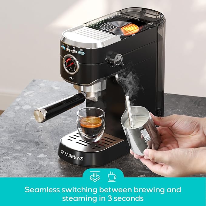 CASABREWS 5418 PRO Espresso Machine 20 Bar, Stainless Steel Espresso Maker with Milk Frother, Compact Cappuccino Machine for Home, Espresso Coffee Machine, Cafetera Espresso, Black