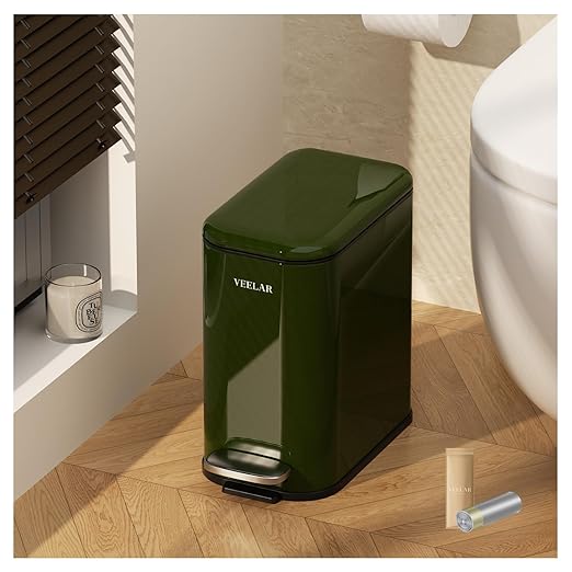 Slim Bathroom Trash Can with Lid, 1.6 Gallon / 6 Liter Stainless Steel Trash Bin, Step Pedal Garbage Cans for Bedroom, Kitchen, Office (Green)