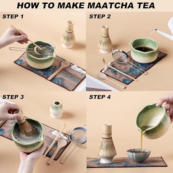 Matcha Set 7-Piece Tea Set with Brush, Bowl, Whisk, Strainer, Chasen, for Matcha Tea Ceremony （Gradient Green）