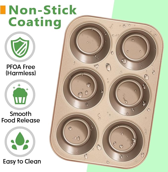 Kevenal Jumbo-Muffin-Pan - Nonstick 6-Cup Large Cupcake Pan, Heavy Duty Giant Muffin Baking Pan for Cupcakes, Oven Safe & Easy to Clean (Large Cup Size, 3.5 x 1.5in)