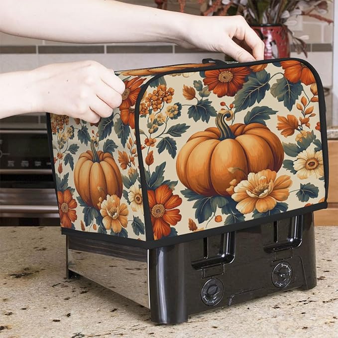 4 Slice Autumn Toaster Cover,Thanksgiving Pumpkin Fall Boho Floral Small Kitchen Appliance Bread Machine Cover with Pockets,Dust & Fingerprint Protection