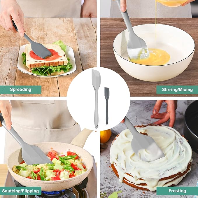 Silicone Spatula Set, Premium Spatulas Silicone Heat Resistant 2 Small & 2 Large Flexible Scraper for Nonstick Cookware, Rubber Spatula for Kitchen Mixing Baking Cooking Use, Soft Spatula - Gray