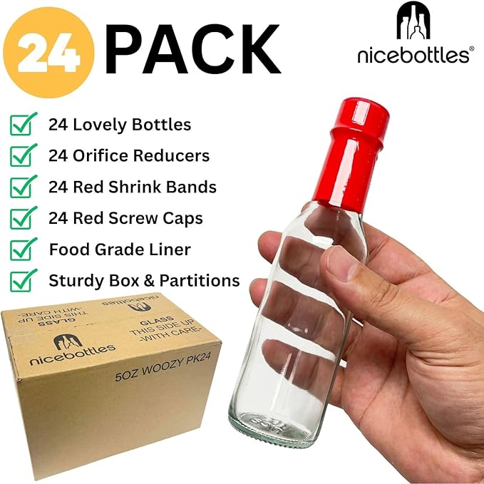 nicebottles Hot Sauce Bottles with Red Caps & Shrink Bands, 5 Oz - 24 Pack