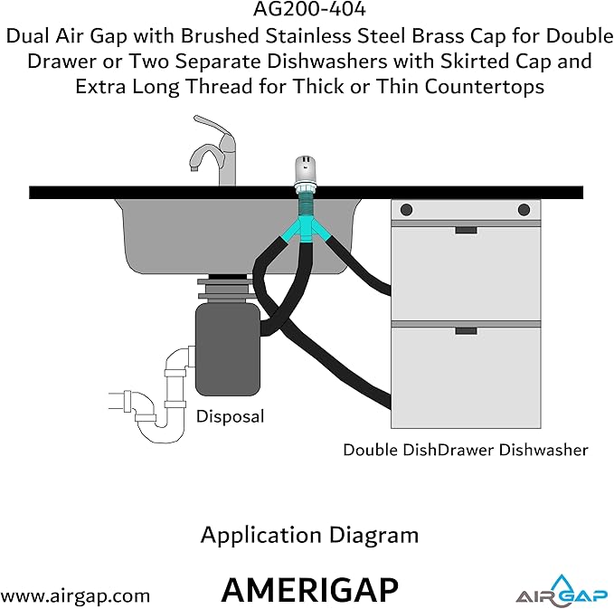 Dual Air Gap with Brushed Stainless Steel Brass Cap for Double Drawer or Two Separate Dishwashers with Skirted Cap and Extra Long Thread for Thick or Thin Countertops (AG200-404, AG200-X04, AMERIGAP)