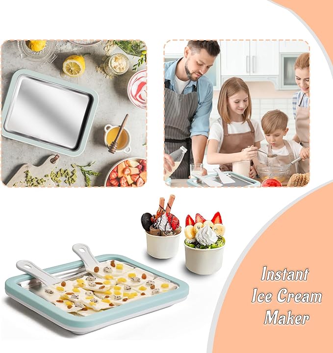 Instant Ice Cream Maker, Rolled Ice Cream Maker, Instant Gelato Pan/Roll, Homemade DIY, with 2 spatula, Frozen Yoghurt Plate Mini Freezer Kit Machine Peach Fuzz
