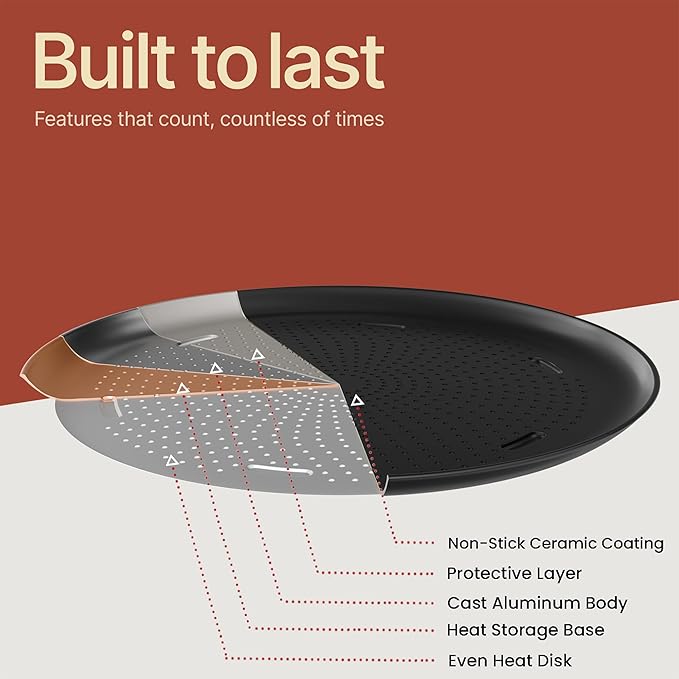 Bakken 16 Inch Non-Stick Pizza Pan 1 Pack, Round Carbon Steel Pizza Tray with Perforated Holes, PFOA, PFOS, & PTFE-Free, Dishwasher & Oven Safe Up To 450°F, Durable Nonstick Coating, Black