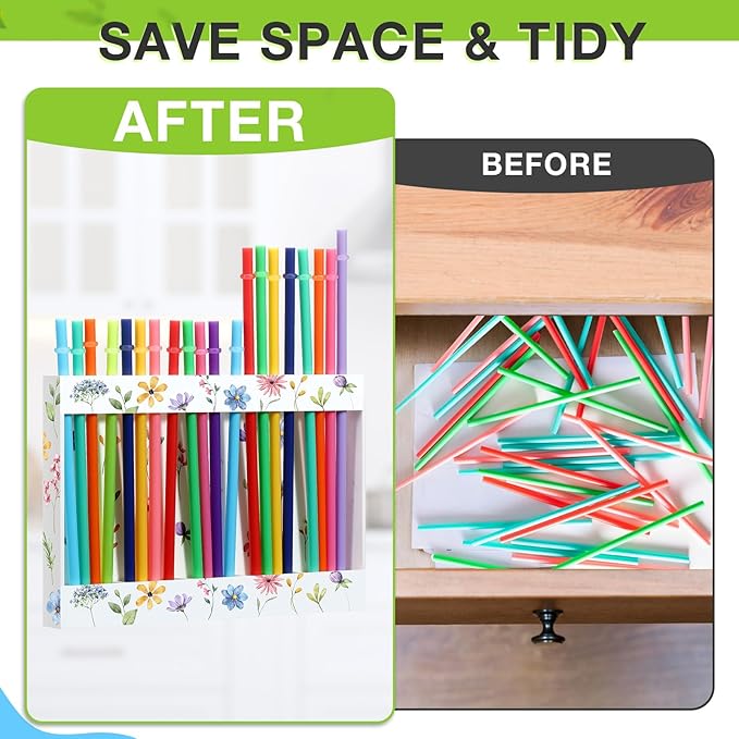 Qinyoung Acrylic Straw Holder for Cabinet Door with Double Sided Adhesive Tape Reusable Straw Organizer Tumbler Storage Kitchen Accessories Container for Counter Cupboard(Floral,Large,White)