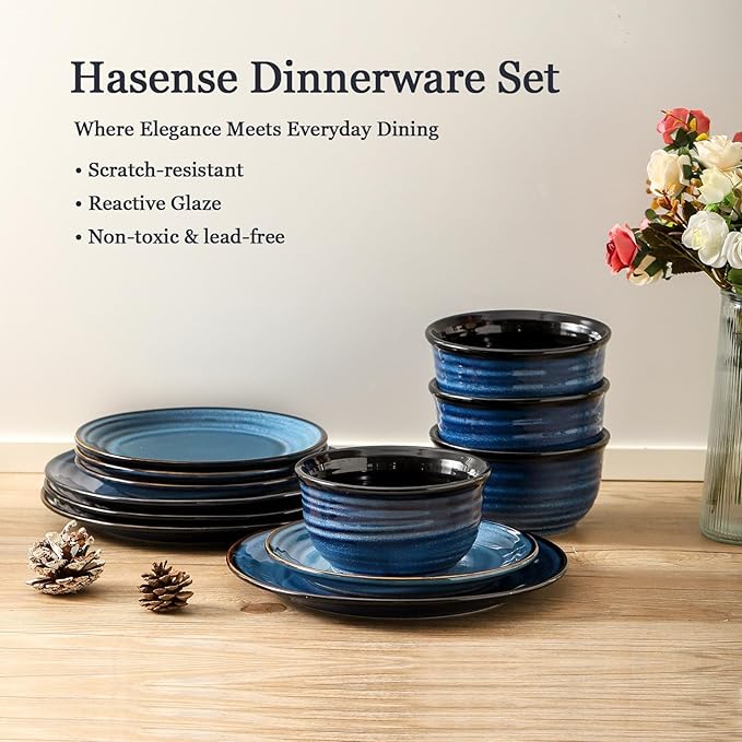 Hasense Plates and Bowls Set, 12 Pieces Ceramic Reactive Glaze Dinnerware Set of 4, Chip and Scratch Resistant Dinner Dishes Service, Handmade Serving Dish, Blue