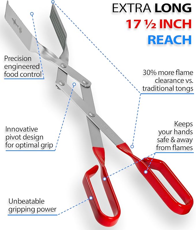 Shark BBQ Grill Tongs for Steaks - 2-Pack Gift Set - 17" & 13" Professional Kitchen and Outdoor Grilling Utensil Set (Red)