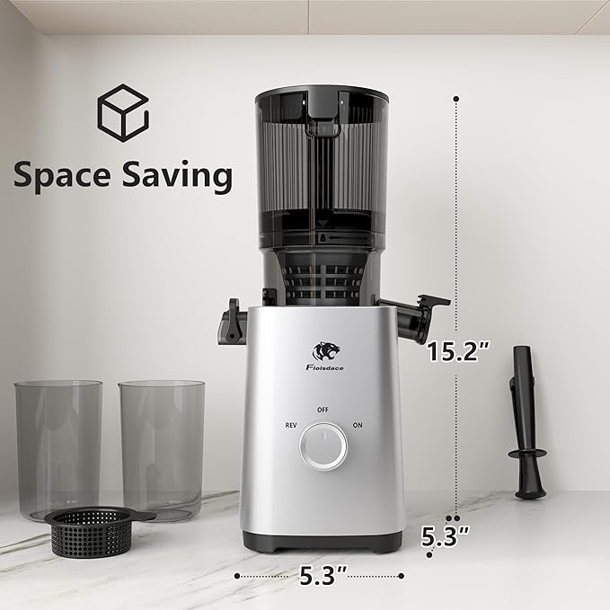 Cold Press Juicer, Juicers Machines - 5.3" Large Feed Chute for Whole Fruits & Vegetables, Powerful AC Brushless Motor, 99% Juice Yield, Ultra Quiet, Easy Clean, Extra one Replace juicer strainer