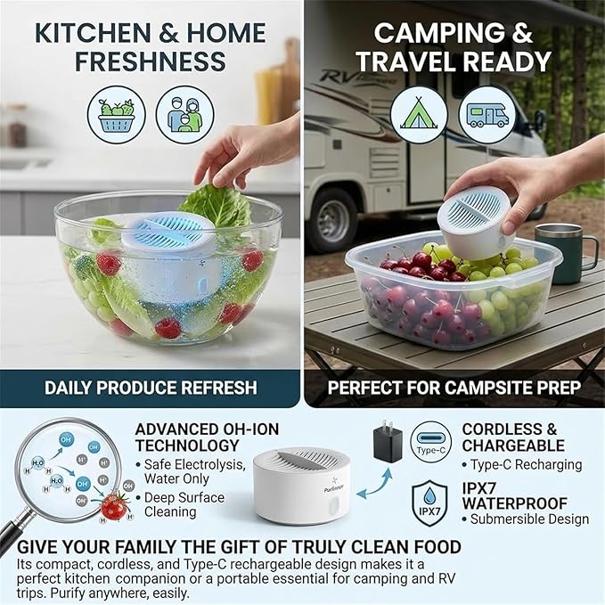 Produce Cleaner, Fruit and Vegetable Washing Machine, With Microbubble Electrolysis, 5-Min Auto Cleaning, Ipx7 Waterproof Cordless Device for Berries & Meat for Fruits, Vegetable & More (B)