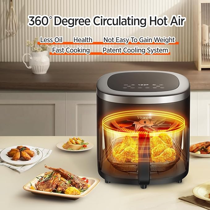 Vexon 4.5QT Air Fryer, 1200W Compact Hot Air Cooker with Visible Window, Nonstick Basket, Digital Touch Screen, Oil-Less Electric Air Fryer Oven for Healthy Cooking (Black)