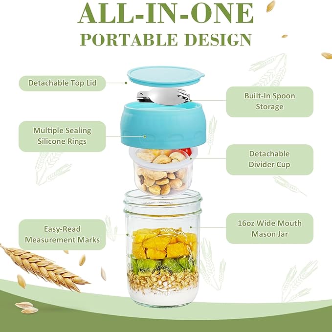 Miuyhji Overnight Oats Containers with Lids, 2-Pack Glass Mason Jars 16 oz with Lids, Folding Spoons and Separated Compartment, for Chia Pudding, Yogurt, Salad, Parfait Cups (Beige)