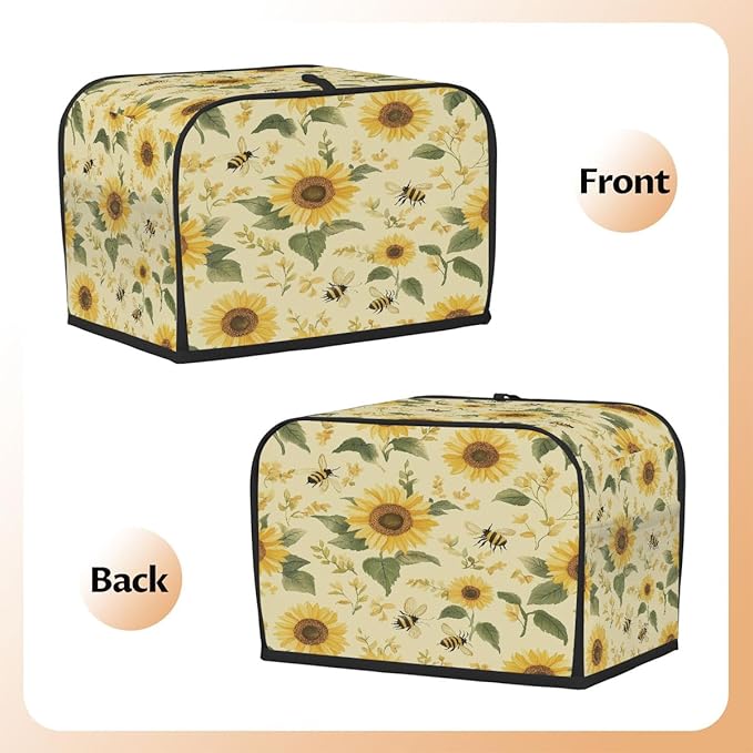 4 Slice Toaster Cover,Sunflower Bee On Retro Small Kitchen Appliance Bread Machine Cover with Pockets,Dust & Fingerprint Protection