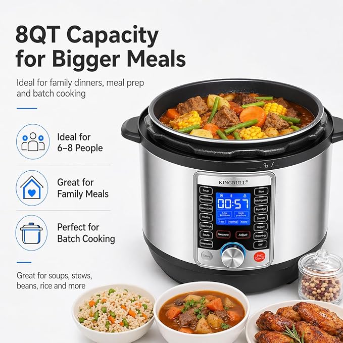 KINGBULL 14-in-1 Electric Pressure Cooker 8 Quart, Stainless Steel Multi Cooker with LCD Display and Knob Control, Slow Cooker, Rice Cooker, Steamer, Sauté, Yogurt Maker, Warmer, DIY Mode