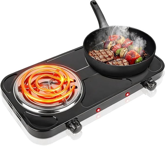 Double Burner Cooktop, 2000W Portable Electric Stove, 5 Level Temperature Control, 6” Heating Coil, Easy to Clean, Power Indicator Lights, Coil Hot Plate for Home Dorm Camping Cooking