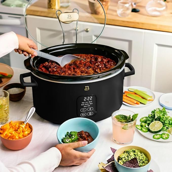 Beautiful 6 Qt Programmable Slow Cooker by Drew Barrymore -5 Preset Cooking Functions, Digital Countdown Timer, Dishwasher-Safe Parts and Cool-Touch Handles (Black Sesame)