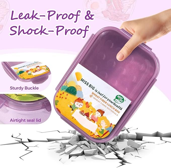 MISS BIG Lunch Box Kids, Leak Proof Lunch Containers, Mom’s Choice No BPAs and No Chemical Dyes Bento Box for Kids,Microwave and Dishwasher Safe Lunch Box (Purple M)