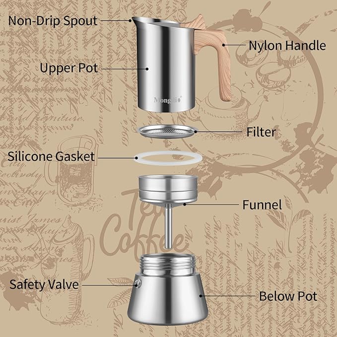 Mongdio Stainless Steel Moka Pot, Stovetop Espresso Coffee Maker, Percolator Coffee Pot, Italian Espresso Greca Coffee Maker for Camping Travel Home, 6 Espresso Cups, 10 oz