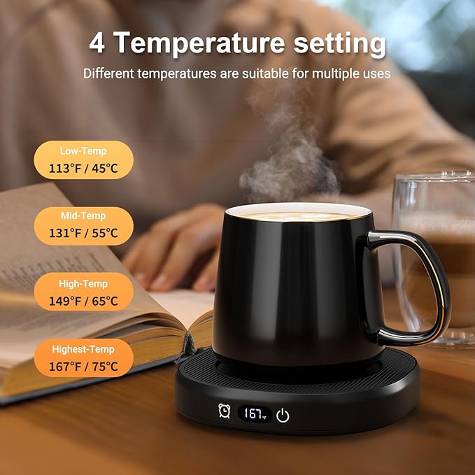 Coffee Mug Warmer & Simple Pure Black Mug Set, Electric Cup Warmer with Auto Shut Off, 4 Temperature Setting Smart Beverage Warmer, 8-Hours Auto Shut Off (Simple Pure Black Mug)