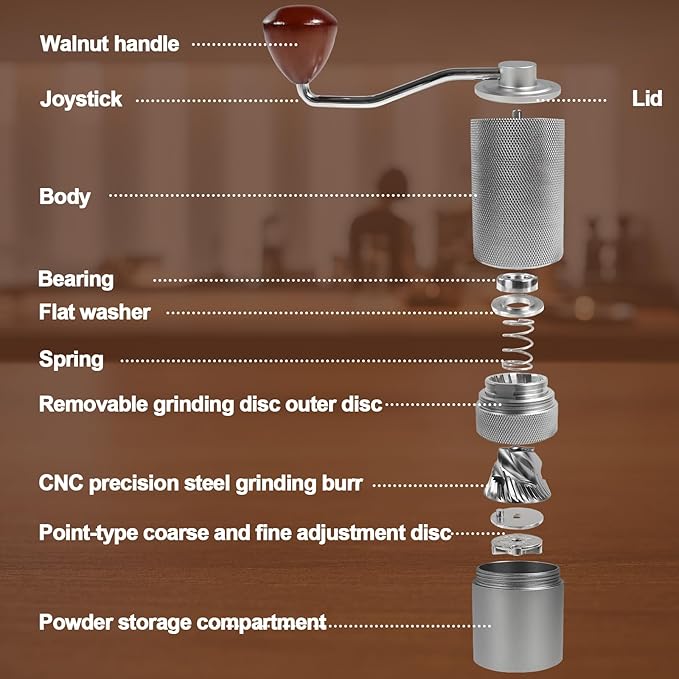 Manual Coffee Grinder Gift Box Detachable Stainless Steel Conical Burr Aluminum Coffee Bean Grinder with 25 Grinding Settings Cleaning Brush Grindable Espresso Moka Pot for Camping Silver