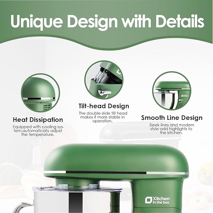 Kitchen in the box Stand Mixer - 6.5 Quart Mixing Bowl with Handle, 900 Watt Heavy Bread Dough Standing Mixers Tilt-head with Dough Hook, Whisk, Flat Beater and Splash Guard (Green)