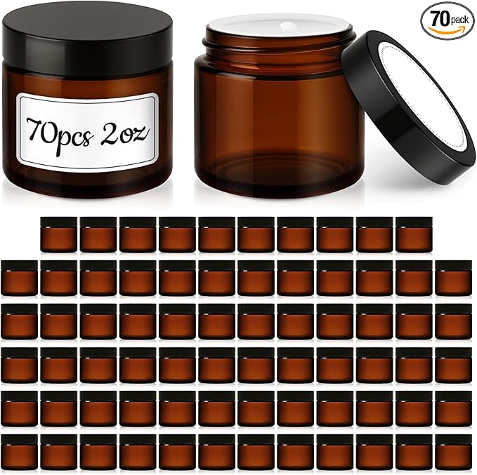 Bumobum 70 Pack 2 oz Small Glass Jars with Lids, Amber Glass Cosmetic Jars with Inner Liners, 60ml Round Empty Sample Containers for Lotion, Cream, Salve, Powders and Ointments Storage