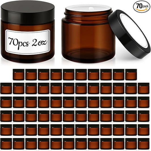 Bumobum 70 Pack 2 oz Small Glass Jars with Lids, Amber Glass Cosmetic Jars with Inner Liners, 60ml Round Empty Sample Containers for Lotion, Cream, Salve, Powders and Ointments Storage