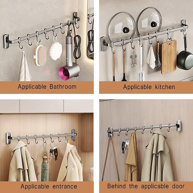 Kitchen Hooks Rail with 8 Adjustable Hooks, Aluminum, 100% Aluminum, Modern, Minimalist, Wall Mount, Kitchen Utensil Rack, Grey, 45cm