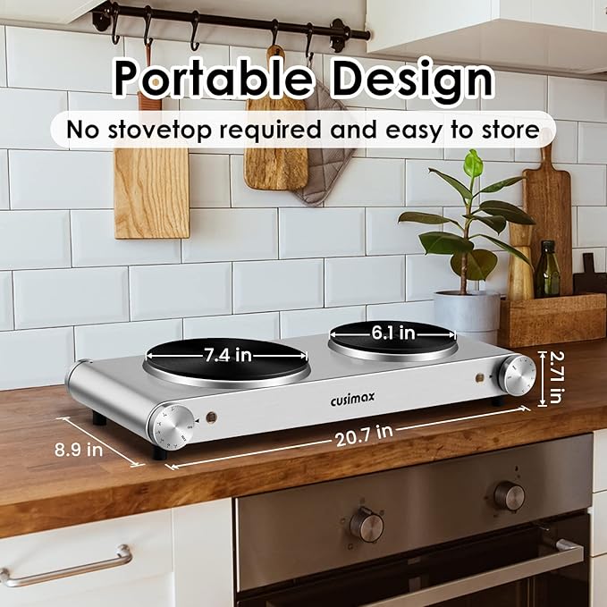 CUSIMAX Hot Plate, Electric Double Burner, 1800W Cast Iron Countertop Cooktop, Portable for Cooking, Compatible for All Cookwares, Easy Clean, Upgraded Version