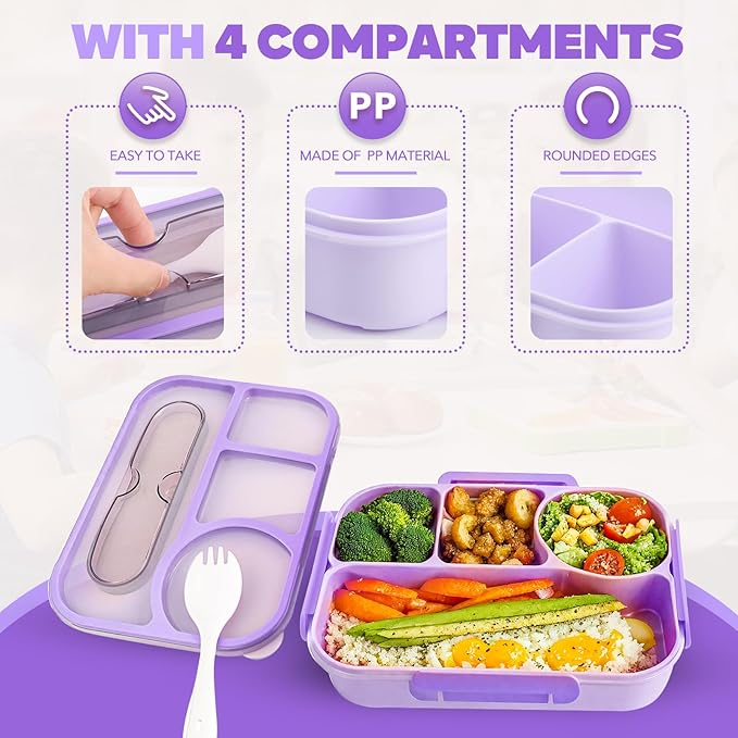 EASYFUN Bento Box Adult, Lunch Box, 4-Compartment Lunch Containers, Drop-Proof, Dishwasher Safe & Made with BPA-Free Materials (Purple)