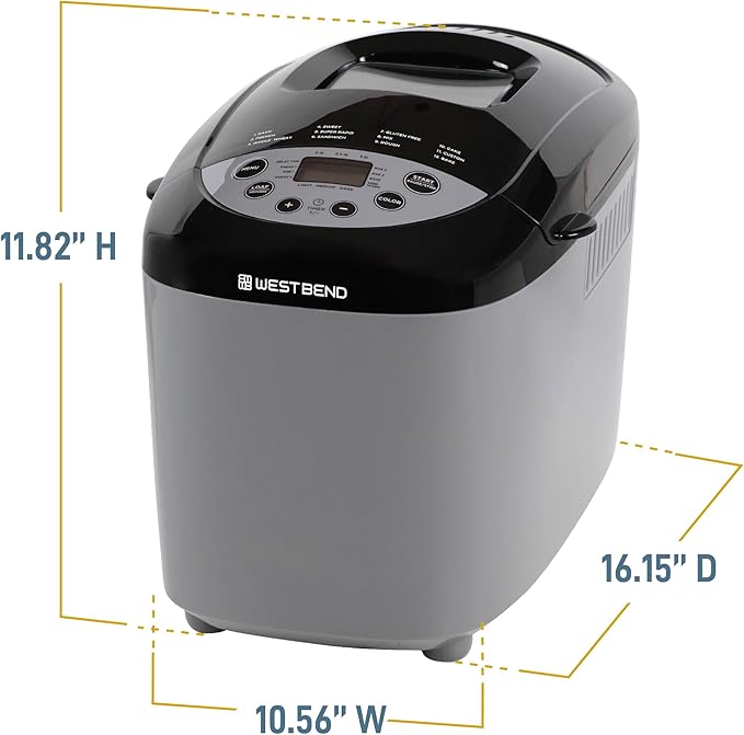 West Bend Hi-Rise Bread Maker Machine Programmable 12 Programs Including Gluten Free & 3 Loaf Sizes and Crust Colors with Traditionally-Shaped Horizontal Bread Pan with Dual Knead Blades, 3-Lb, Gray
