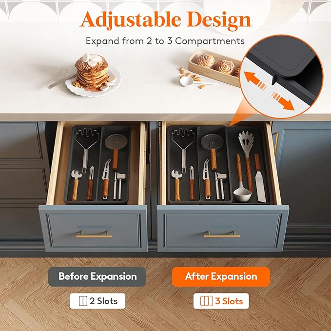 Lifewit Utensil Organizer for Kitchen Drawer, Expandable Cooking Silverware Tray, Adjustable Cutlery Flatware Holder, Plastic Spatula Tools Storage Divider, 14.4 x 15.8", Black
