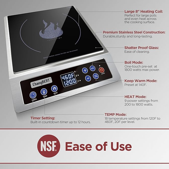 ChangBERT Portable Induction Cooktop Enhanced Version, One-Click Max Power 1800W Large Heating Coil Burner, Precise Temperature Control, NSF Certified Commercial Grade Low Noise Hot Plate
