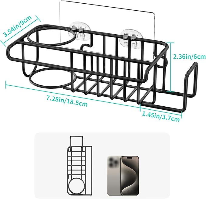 HapiRm 4 in 1 Kitchen Organizers and Storage, SUS304 Stainless Steel Brush Holder + Dish Cloth Hanger + Soap Rack + Sink Stopper Rack, No Drill Kitchen Essentials - Black