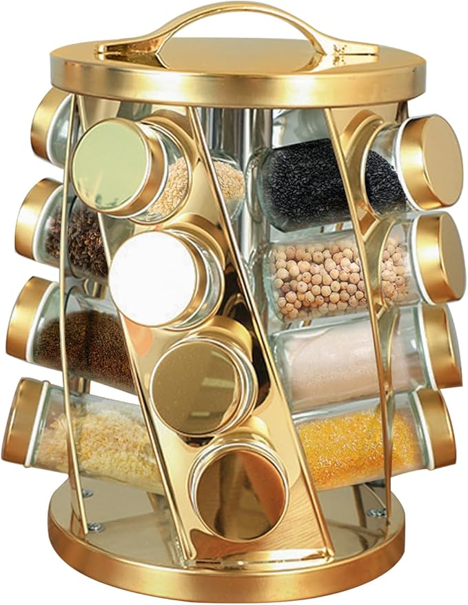 Portable Stainless Steel Spice Rack with 16 Spice Jars Included Revolving Spice Organizer for Kitchen Tower Storage Rack for Spices and Seasoning Gold