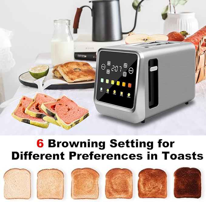 Touch Screen Toaster 2 Slice, Bagel Toasters with LCD Display, Stainless Steel Smart Digital Toasters with Single Slot Toasting,Extra Wide Slots Toaster with Memory/Bagel/Defrost/Reheat Functions