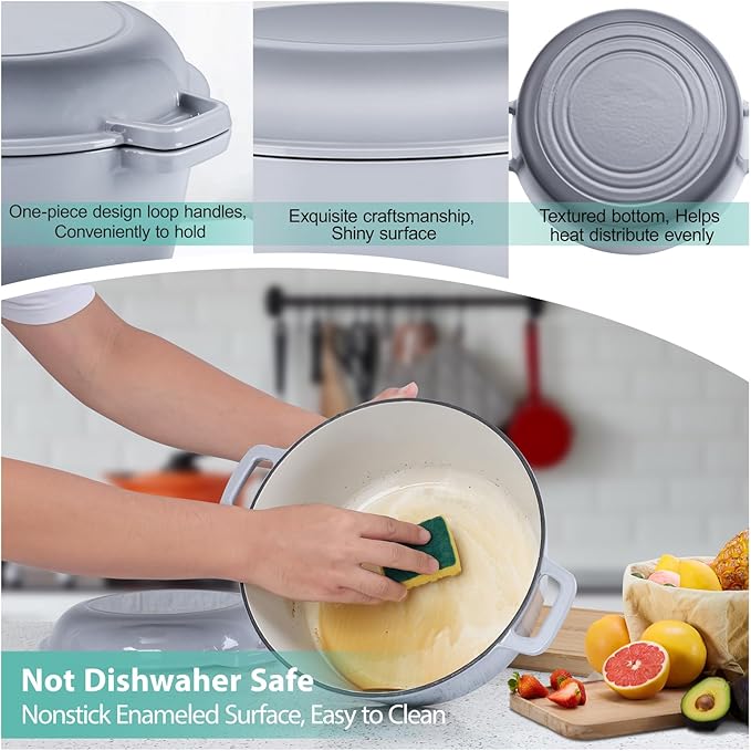 TeamFar 5 Quart Enameled Cast Iron Dutch Oven, 2-In-1 Dutch Oven Pot Cookware with Skillet Lid for Bread Baking Braising Stewing Roasting, Sturdy & Nonstick, Oven Safe & Fit for Induction (Grey)