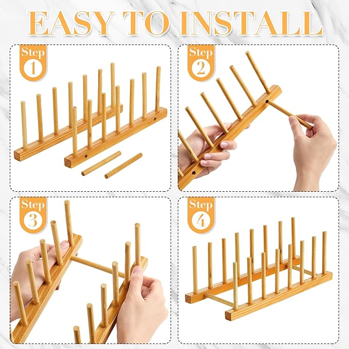 Zopeal 9 Pcs Bamboo Wooden Plate Racks Dish Rack Stand Holder 3/6/ 7 Slots Drainboard Drying Drainer Kitchen Cabinet Organizer for Dish Plate Bowl Cup Pot Lid Book