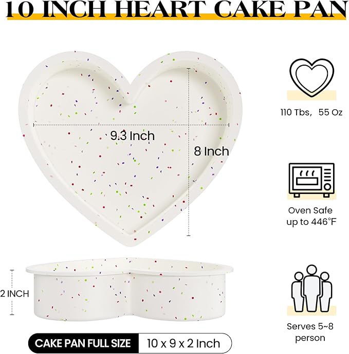 10 Inch Heart Shaped Cake Pans Silicone Large Nonstick Heart Cake Pan Set of 2, Food Grade Silicone Heart Molds for Baking, Easy to Clean Oven Air Fryer Freezer Safe（Cream, Confetti）