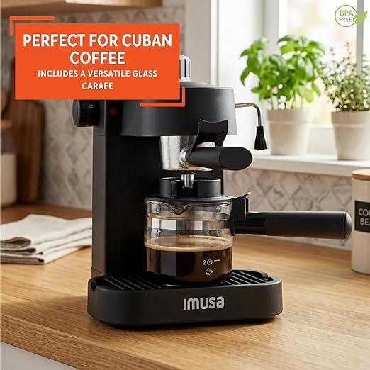 IMUSA Electric Espresso Cappuccino Maker 4 Cup Capacity with Milk Frother Black Coffee Machine for Home Barista Experience