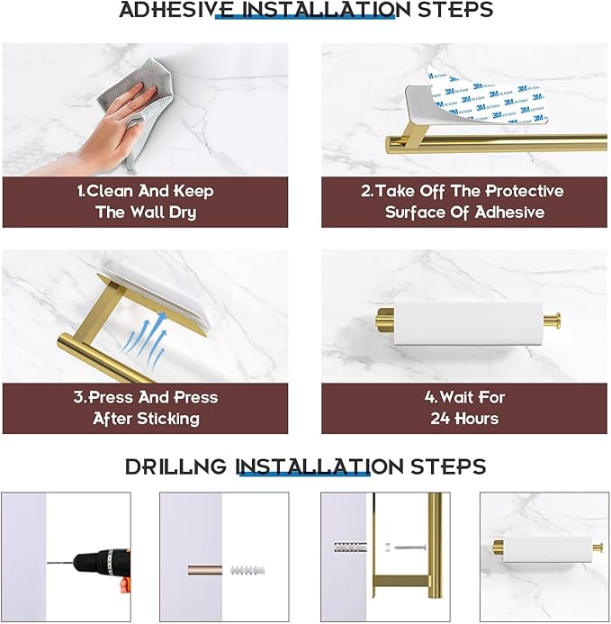 ASTOFLI Paper Towel Holder Under Cabinet No Drilling, Self Adhesive Paper Towel Holder Wall Mount for Kitchen Rack, Under Counter Napin Holder No Drill, RV, 304 Stainless Steel, Gold Brass