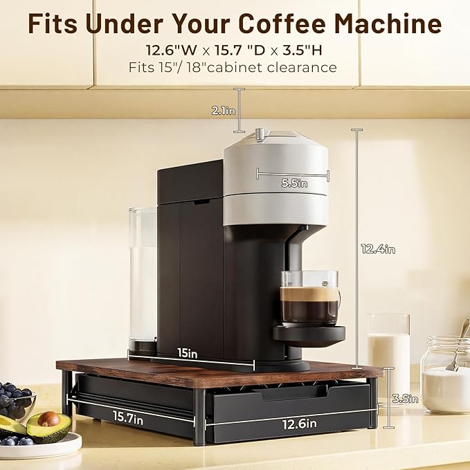 Coffee Pod Drawer Organizer for Nespresso Vertuo, Patented Flexible Slot Design Holds Up to 40 Large Capsules, Rustic Wood Look, Fits Under Coffee Machines